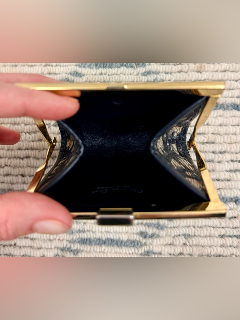 DIOR Vintage Rare Blue Trotter Monogram Canvas Kiss Lock Coin Purse W/ Gold - Picture 12 of 12
